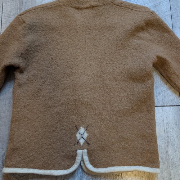 RARE Vintage 100% Wool  Camel Tan w/ Cream Trim Argyle Zip Cardigan | Size S/M - Picture 8 of 12